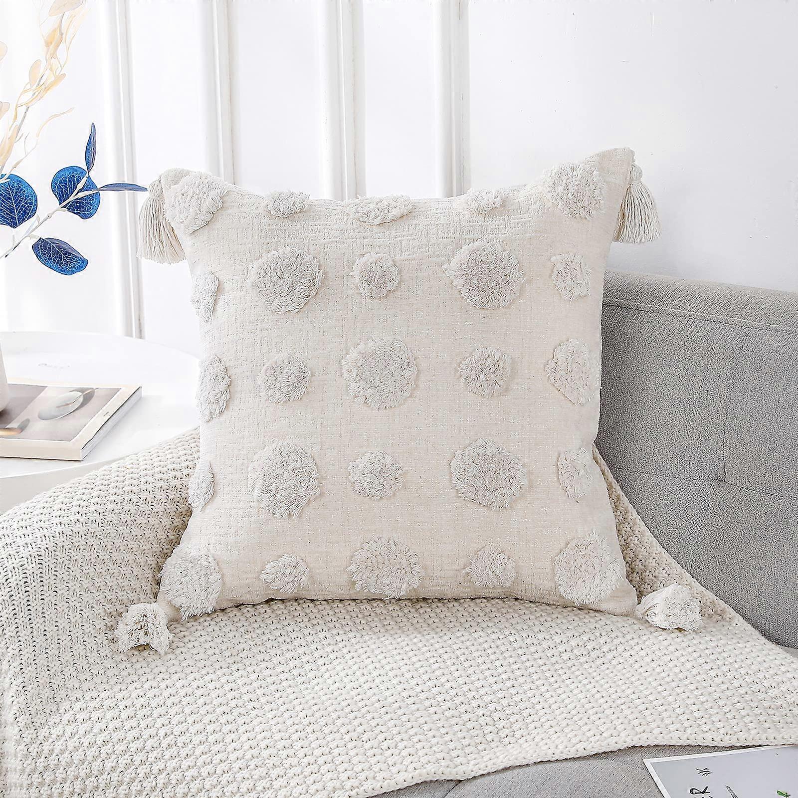 Super Soft Farm House Decorative Plush Pillow Cases 20 x 20 White, Straight Pompom Tassel Modern Emphasis Boho Square Pillow Case Pillow Case For Sofa