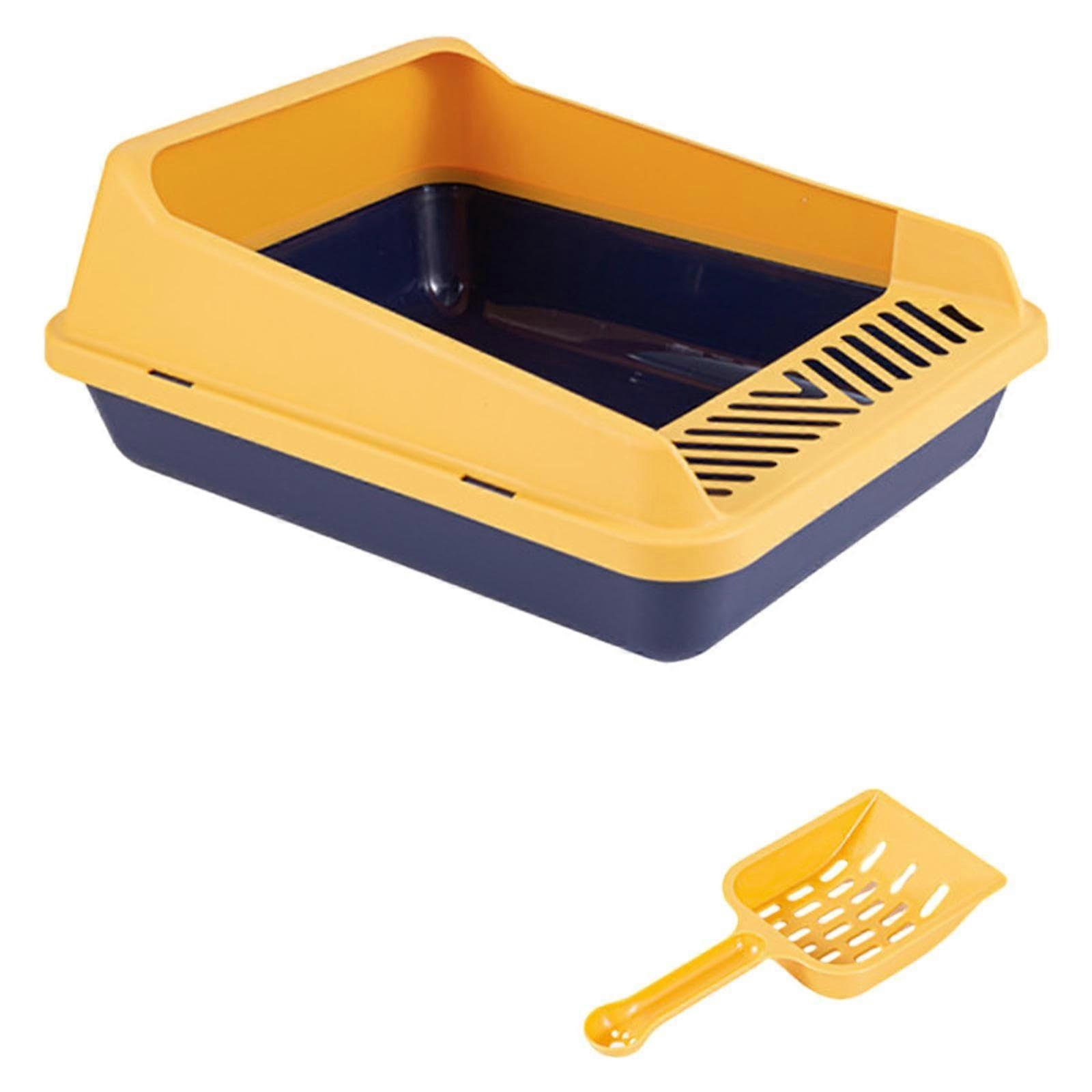 Open Cats Garbage Tray, High-Sided Cat Litter Box, Easy Clean Removable Design, Indoor Use, Size S, Blue Yellow