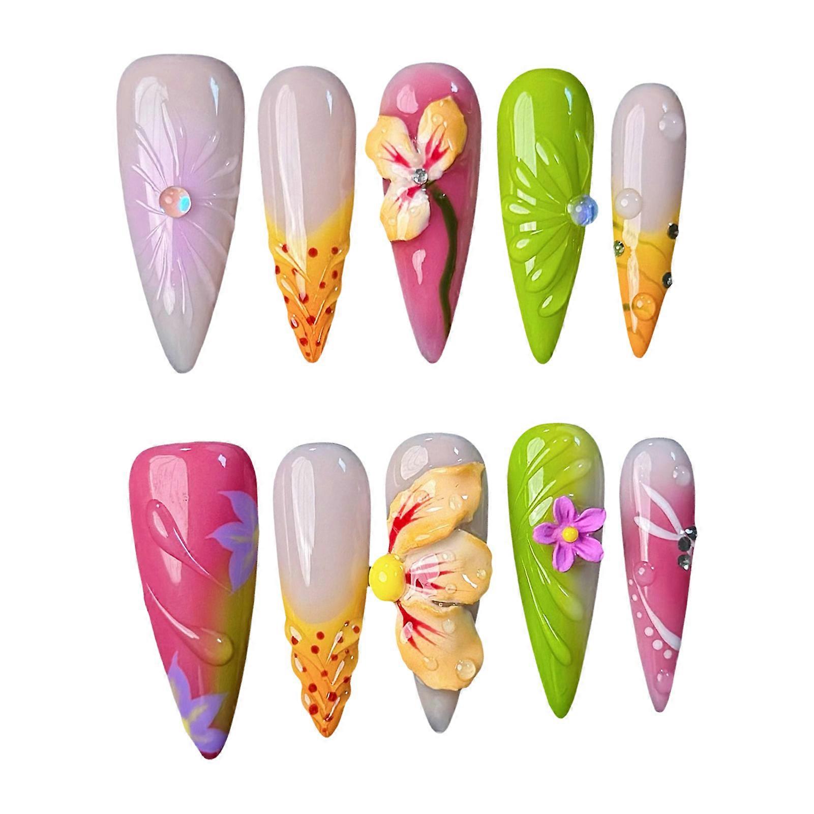 Bunte Drucknägel mit 3D-Blumendekor mit nicht einfachem Break- oder Split-Design