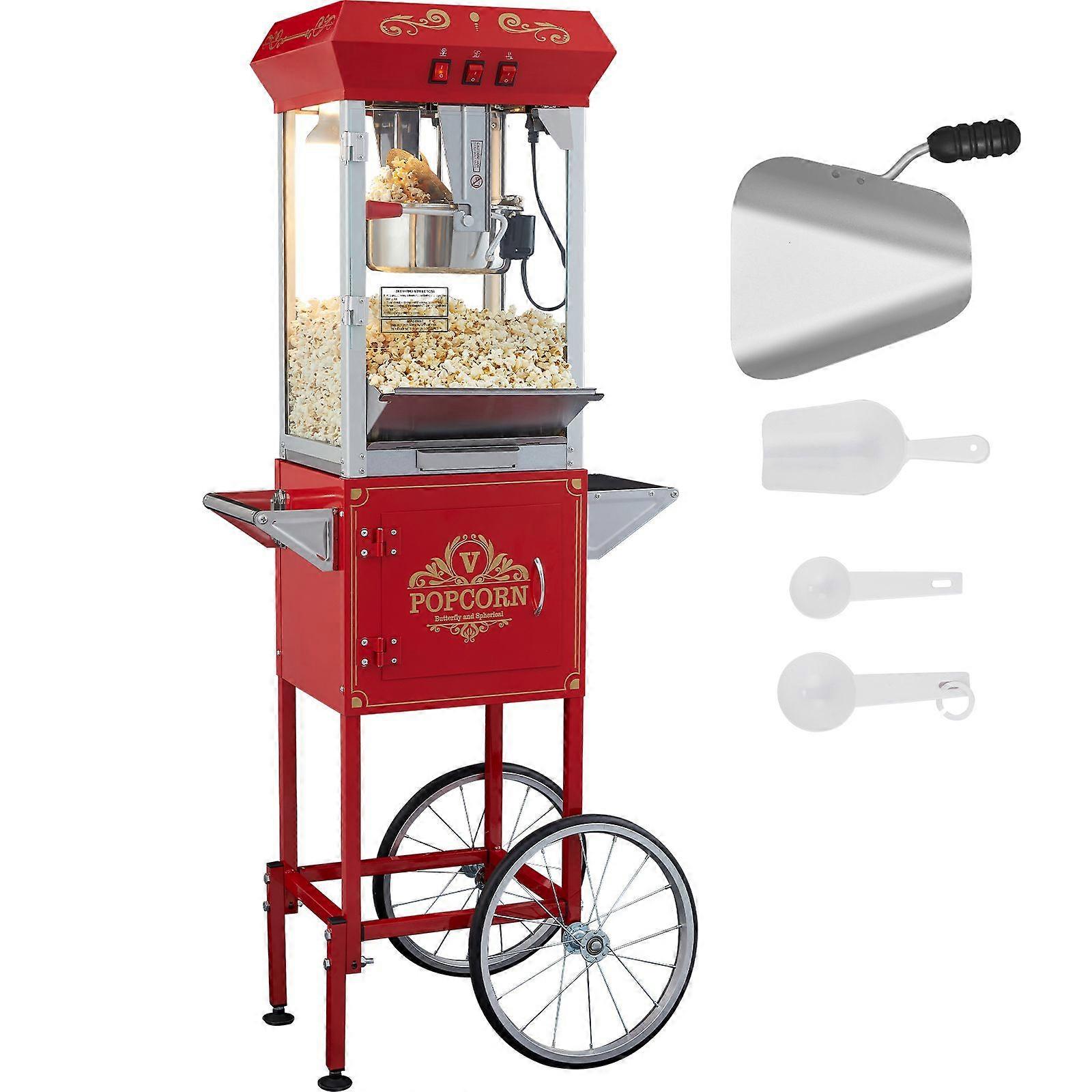 Popcorn Maker with Cart, 850W, 8 Oz Kettle Makes 48 Cups per Batch, Popcorn Maker Equipped with Tempered Glass, Includes 4 Scoops, Red