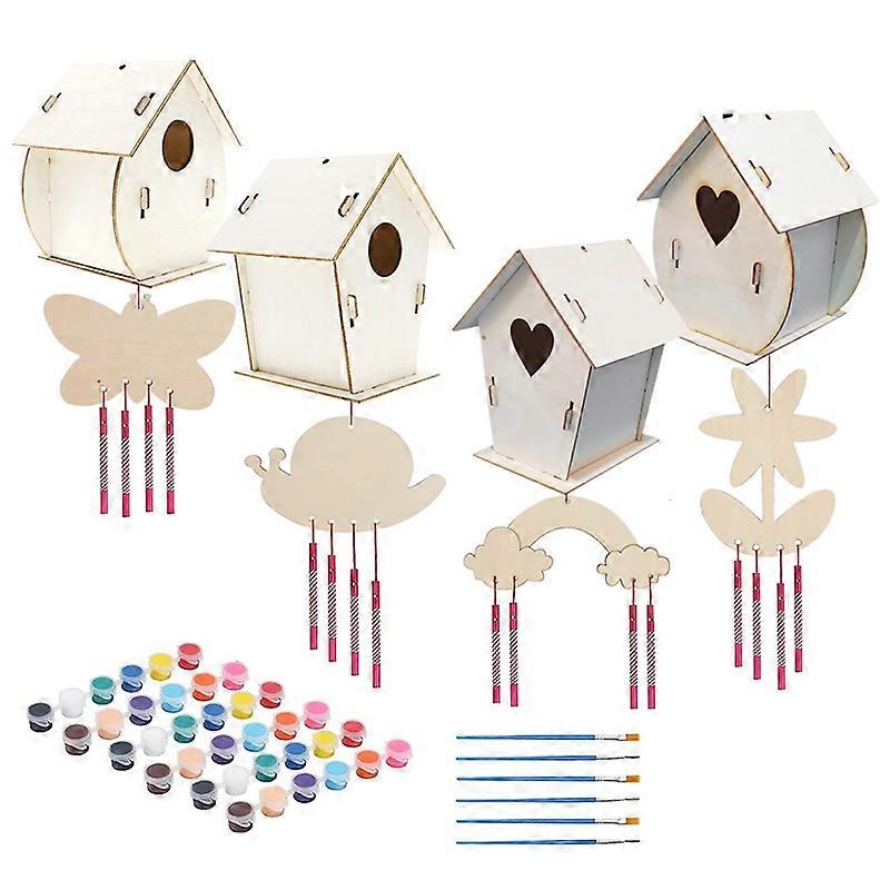 4Pcs Bird House 4Pcs Wind Chime Kits for Kid to Build and Paint