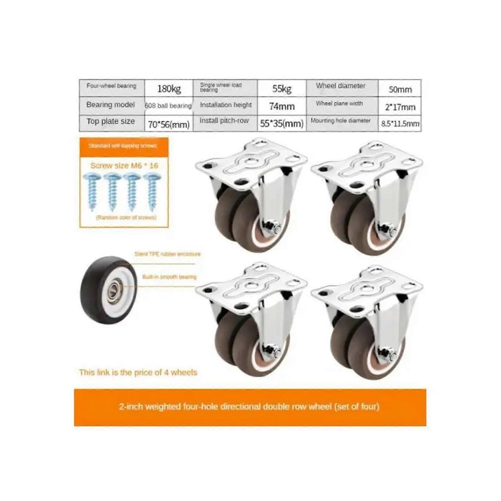 2-Inch Flat Double-Wheel Directional Casters Pack of 4, 4-Hole Silent Rubber Cabinet and Drawer Rollers for Tatami Use