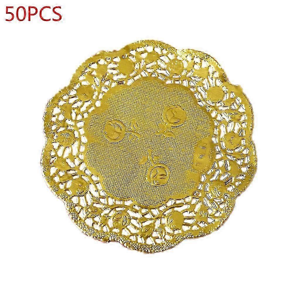 50pcs/set 3.5 Inch Hollow Floral Embossed Round Lace Paper Doilies Wedding Party Diy Tableware Metallic Gold Placemat