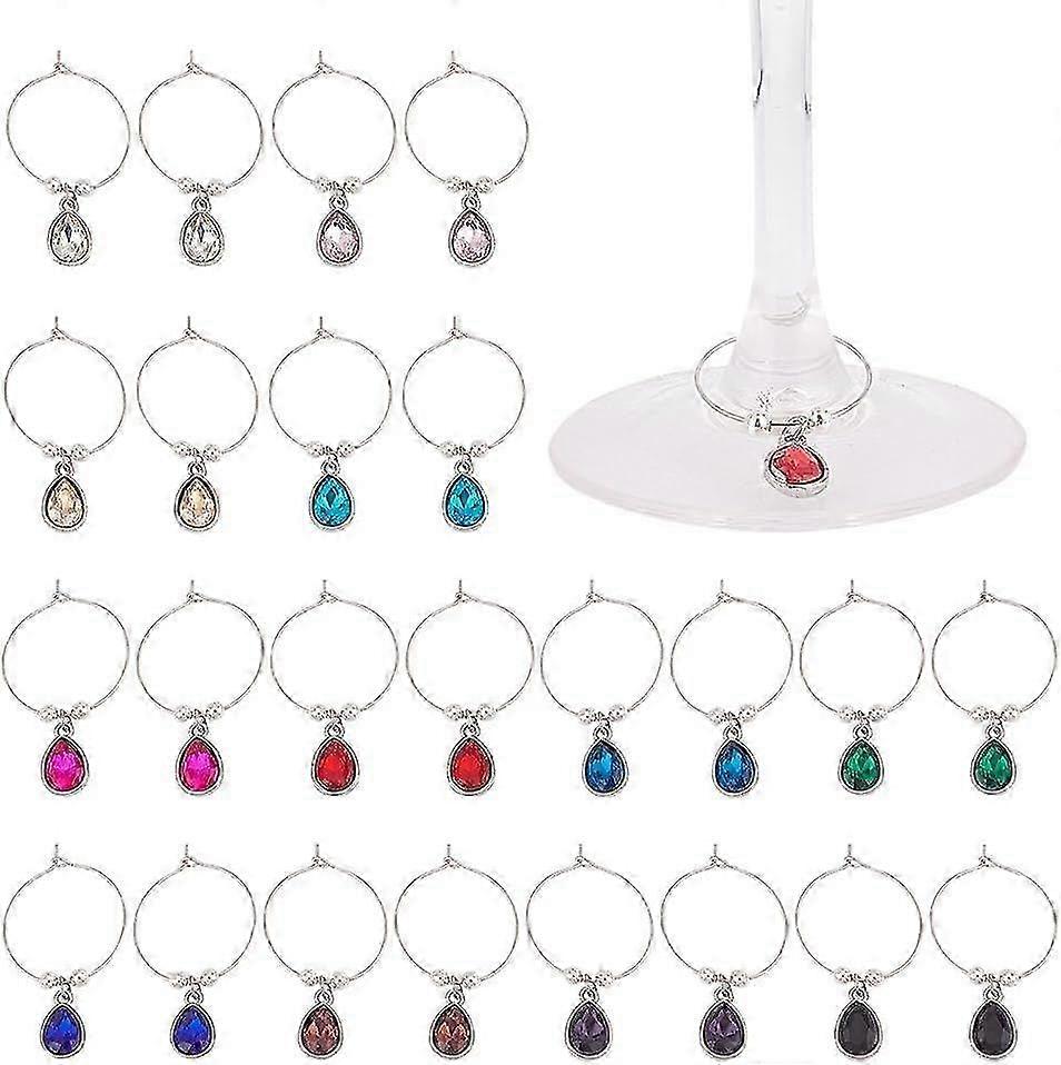 24個12色の誕生石ワインチャーム、合金ティアドロップガラスマーカー、クリスタルドリンク識別子