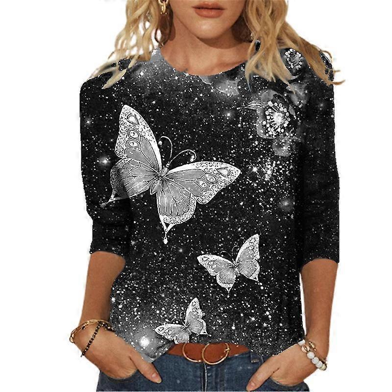 Kvinnor Höst Toppar Lös Katt Flygande Fjäril Tryck Orsak Långärmad T-shirt Topp Blus