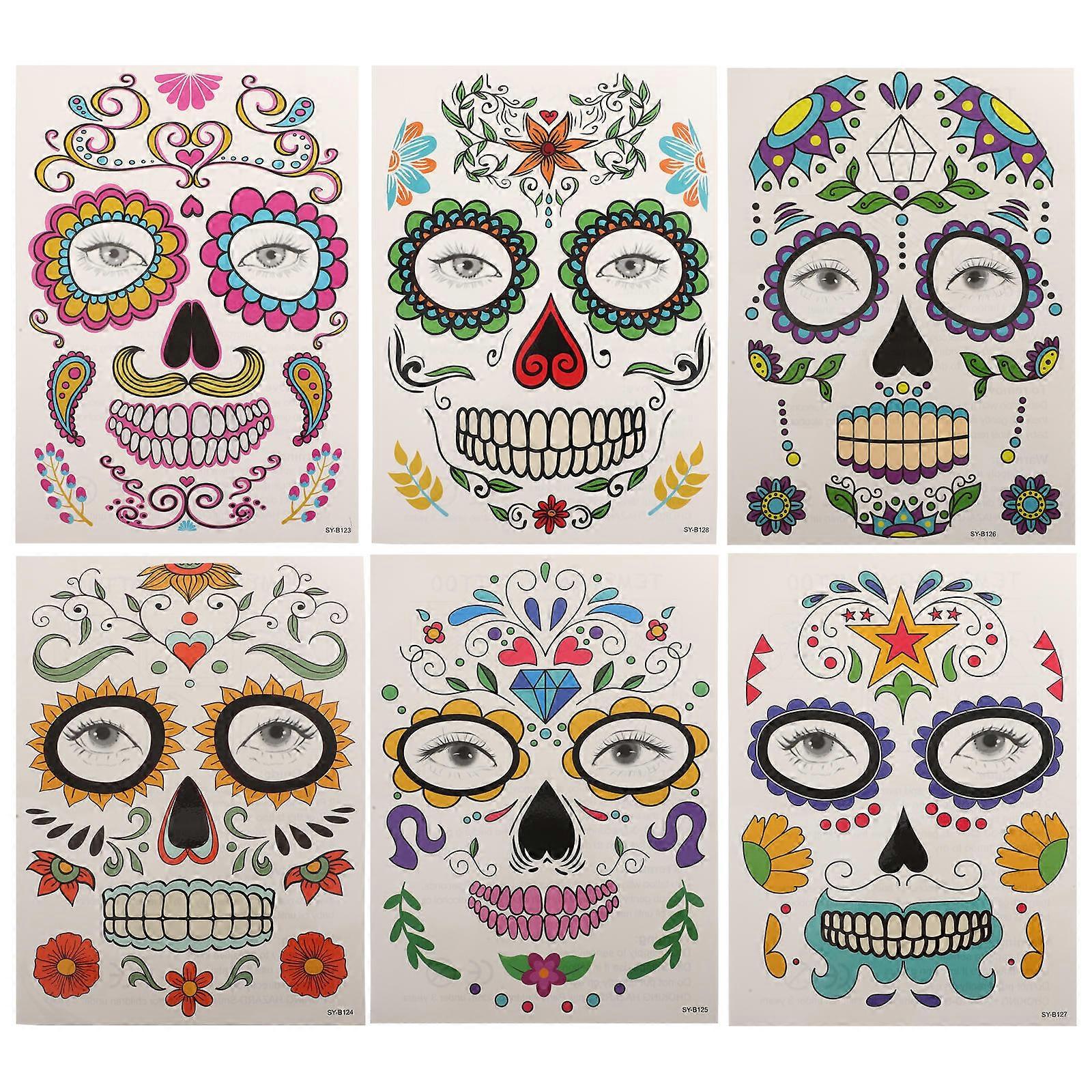 Halloween Face Sticker Multifunctional Sticker Day of the Dead Celebration Assorted Color 21x15cm Temporary Face Decoration 6 Sheets