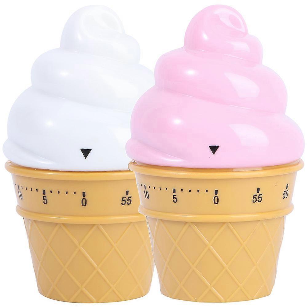 Cartoon Mechanical Timer 2 Pack Wind Up Countdown Clock for Kitchen, Baking & Time Management White & Pink Ice Cream Design