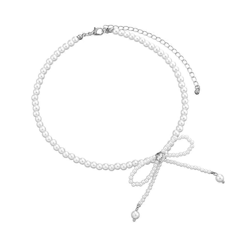 Elegant Pearl Necklace With Tassels And Bow Detail, Collarbone Chain, Adjustable, Silver