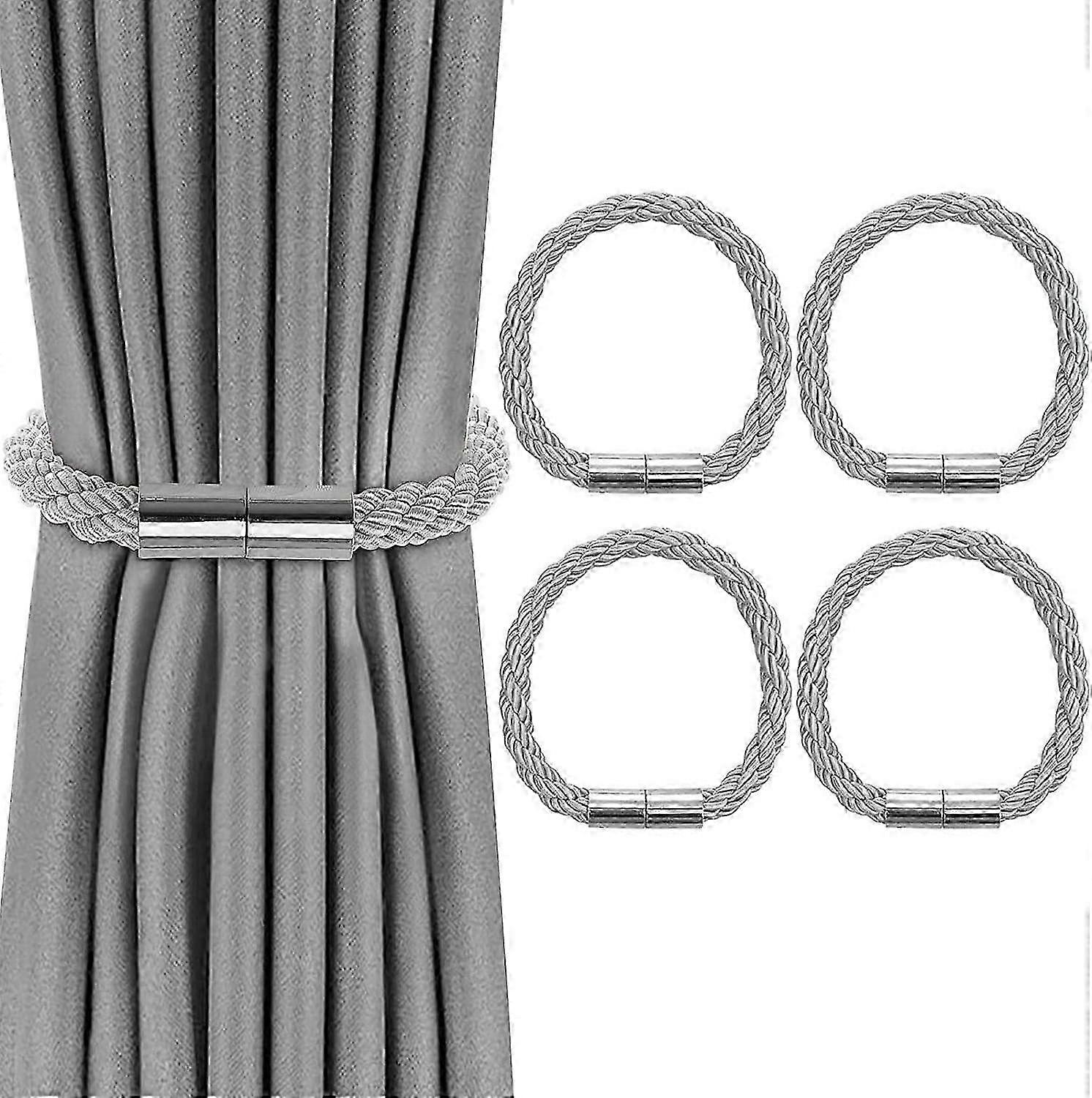 Set of 4 Magnetic Curtain Tiebacks with Braiding Buckles - Grey Decorative Holdbacks for Home & Office Interiors