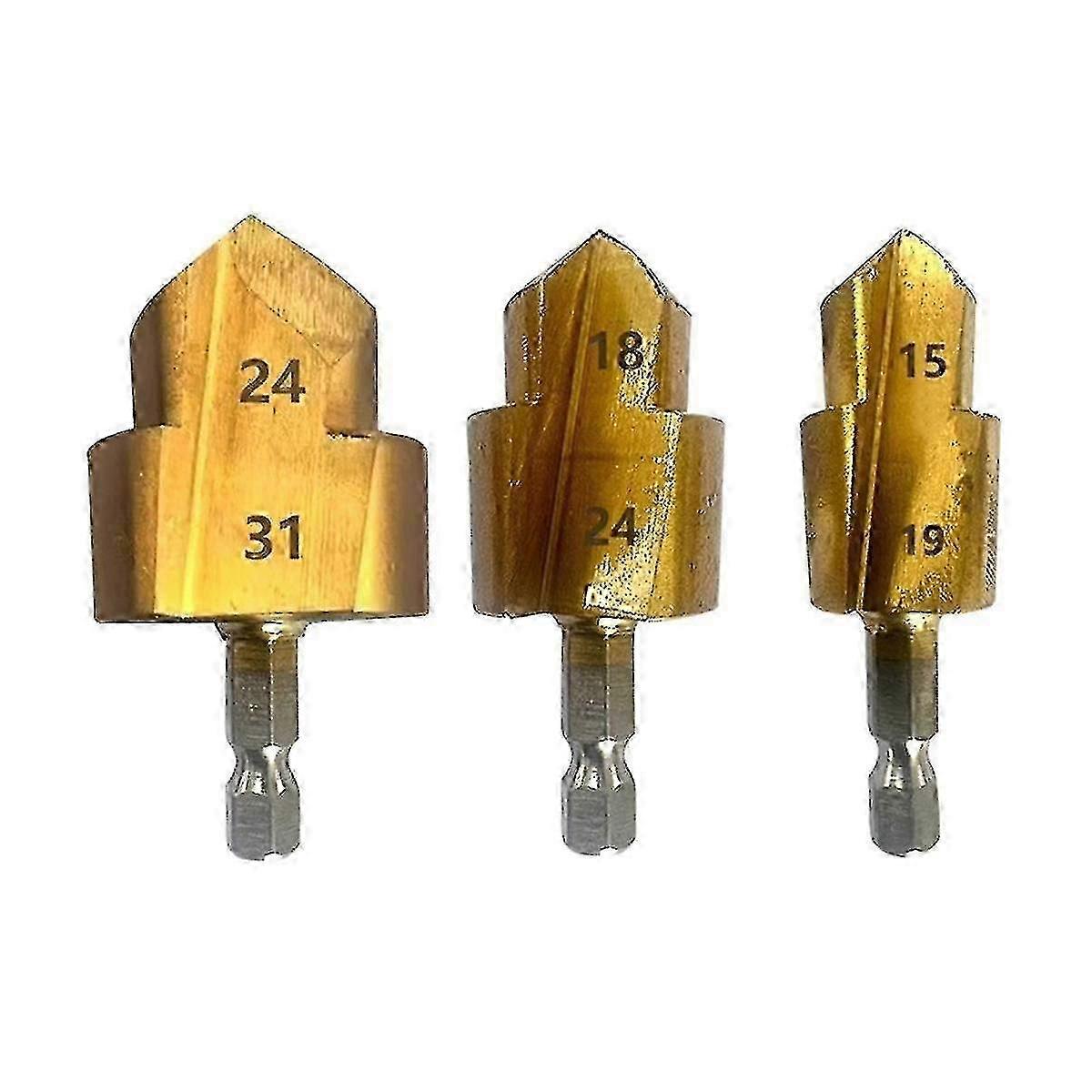 3PCS Stepped Drill Bit Set with Hexagon Shank - Water Pipe Connection Tool for Wood Drilling, Sizes 20mm, 25mm, 32mm