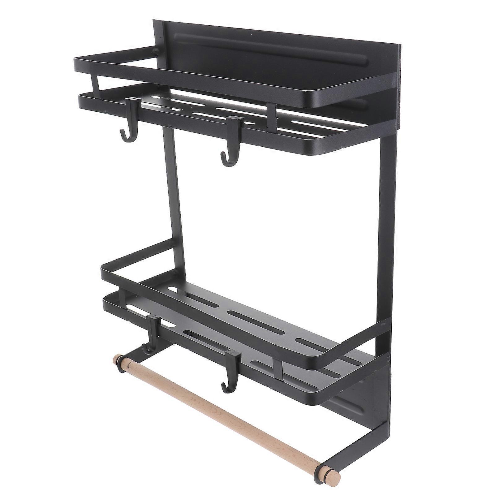 Magnetic Fridge Organizer 2-Tier Storage Shelf with Towel Bar and Hooks