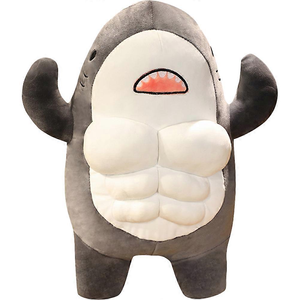 It looks like you're describing a **Stuffed Shark Doll** — a cute, soft toy designed with vivid features and a muscular, cartoonish look. Here's a