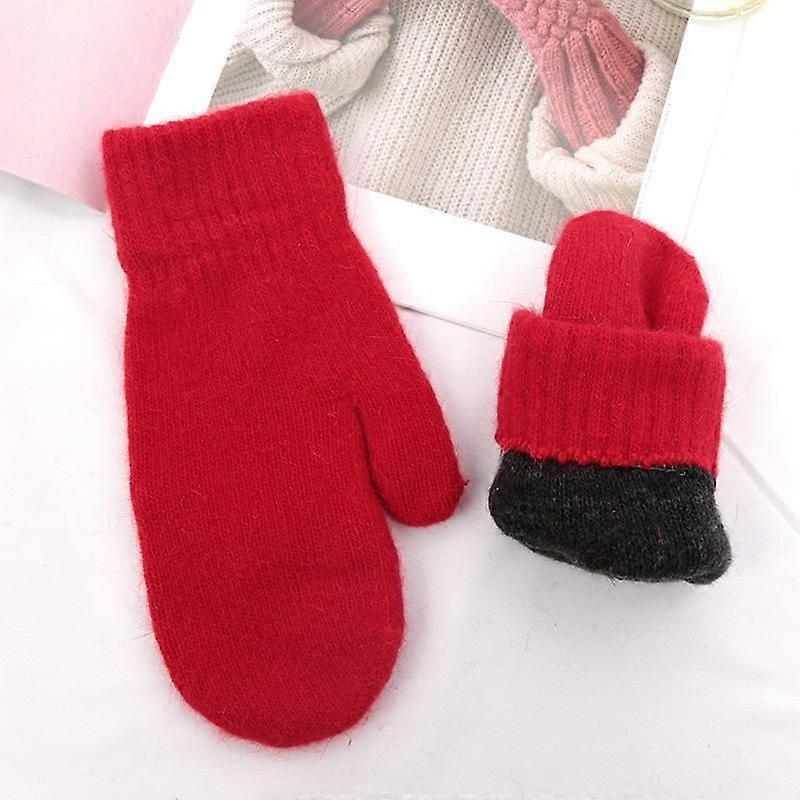 Women Winter Keep Warm Plus Cashmere Solid Color Woolen Elasticity Soft Full Fingers Mittens Girls Black Fur Knitted Cute Gloves