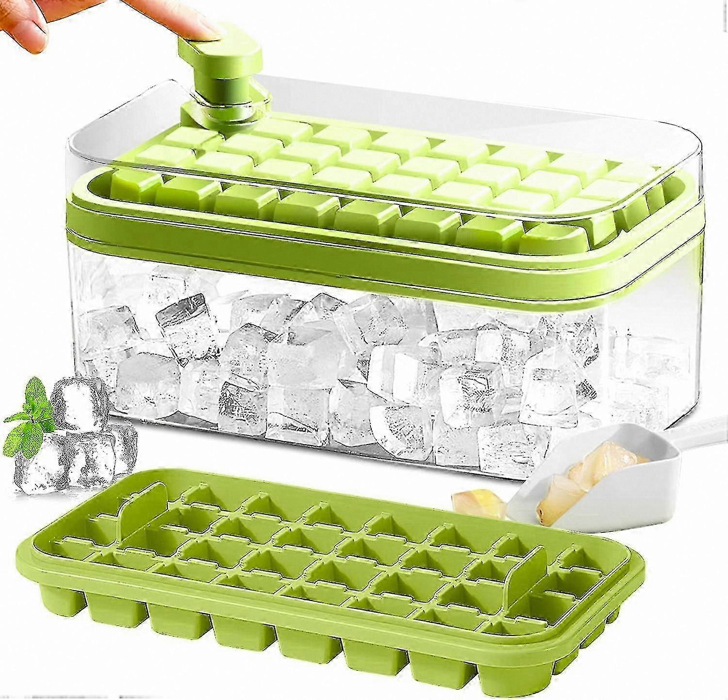 Ice Cube Tray Set with Lid and Bin, 2-Pack, 64-Cube Mold, Green, for Freezer Use