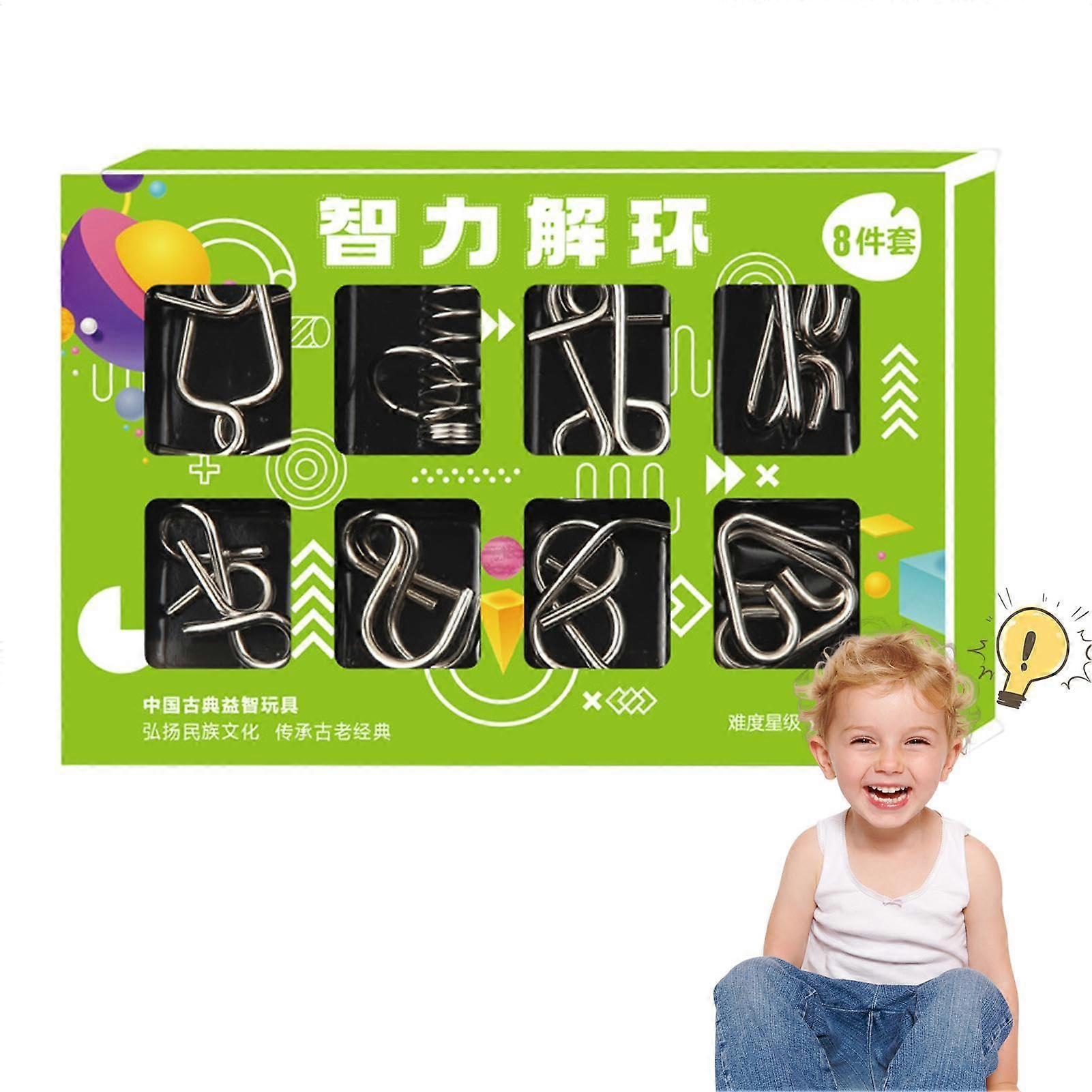 Wire Thinking Task, 8-Piece Iron Link Unlock Interlock, Brain Teaser, Metal Wire Puzzle For Party Favors, Green Box