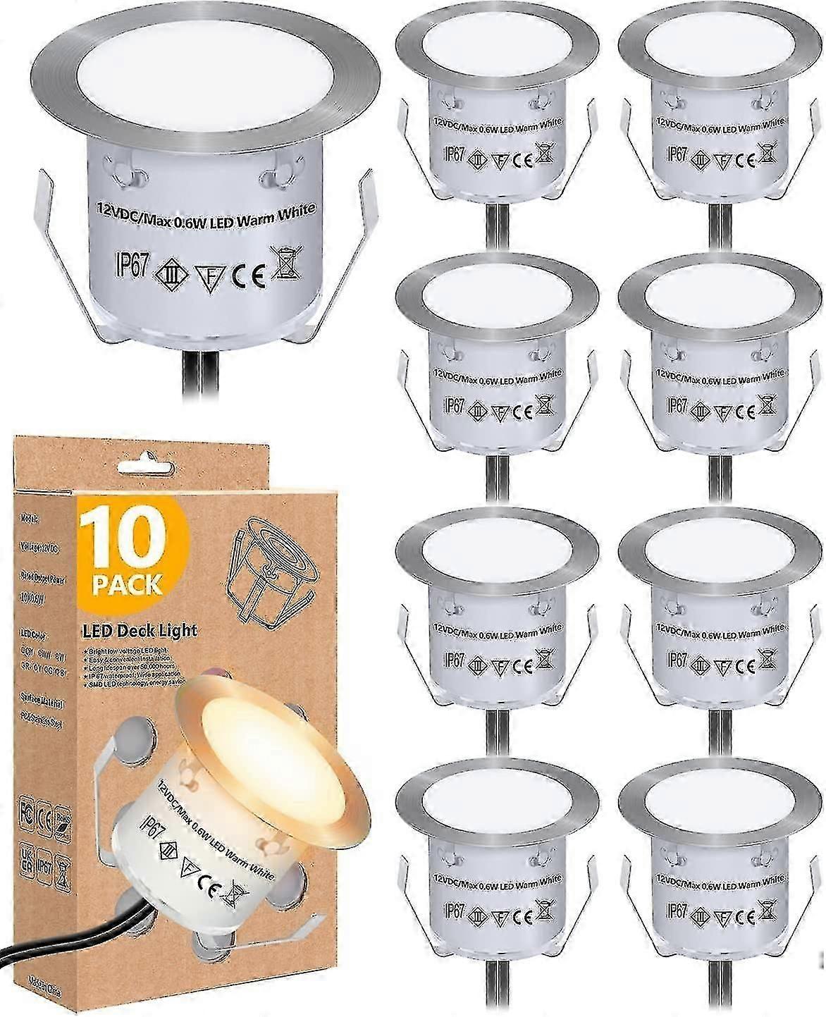 埋め込み式LEDデッキライトキット（10個パック）、12V低電圧景観照明、IP67防水屋外ステップライト、温白色ガーデンデッキ照明