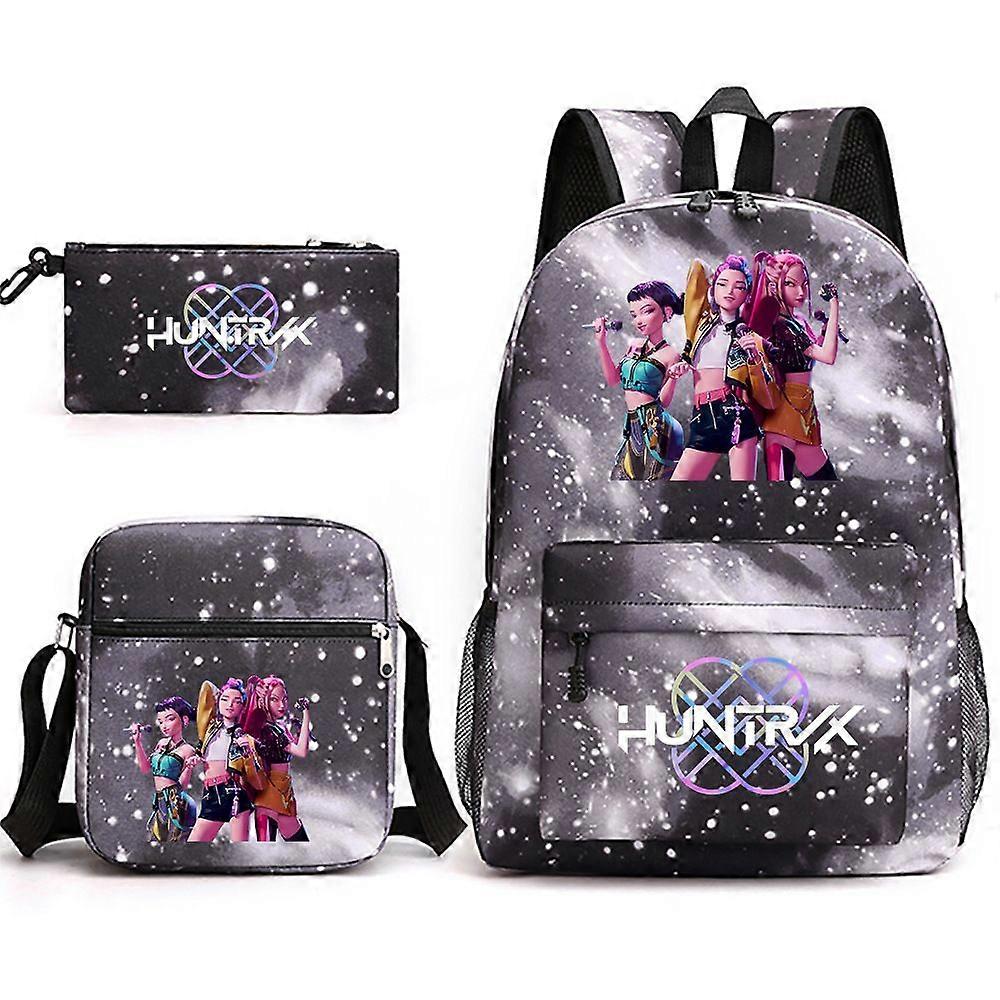 3PCS K-Pop Demon Jägare Skolryggsäck Skolväska Tecknad Tryck Ryggsäck Lunch Väska Penna Fodral Set För Studenter Grå