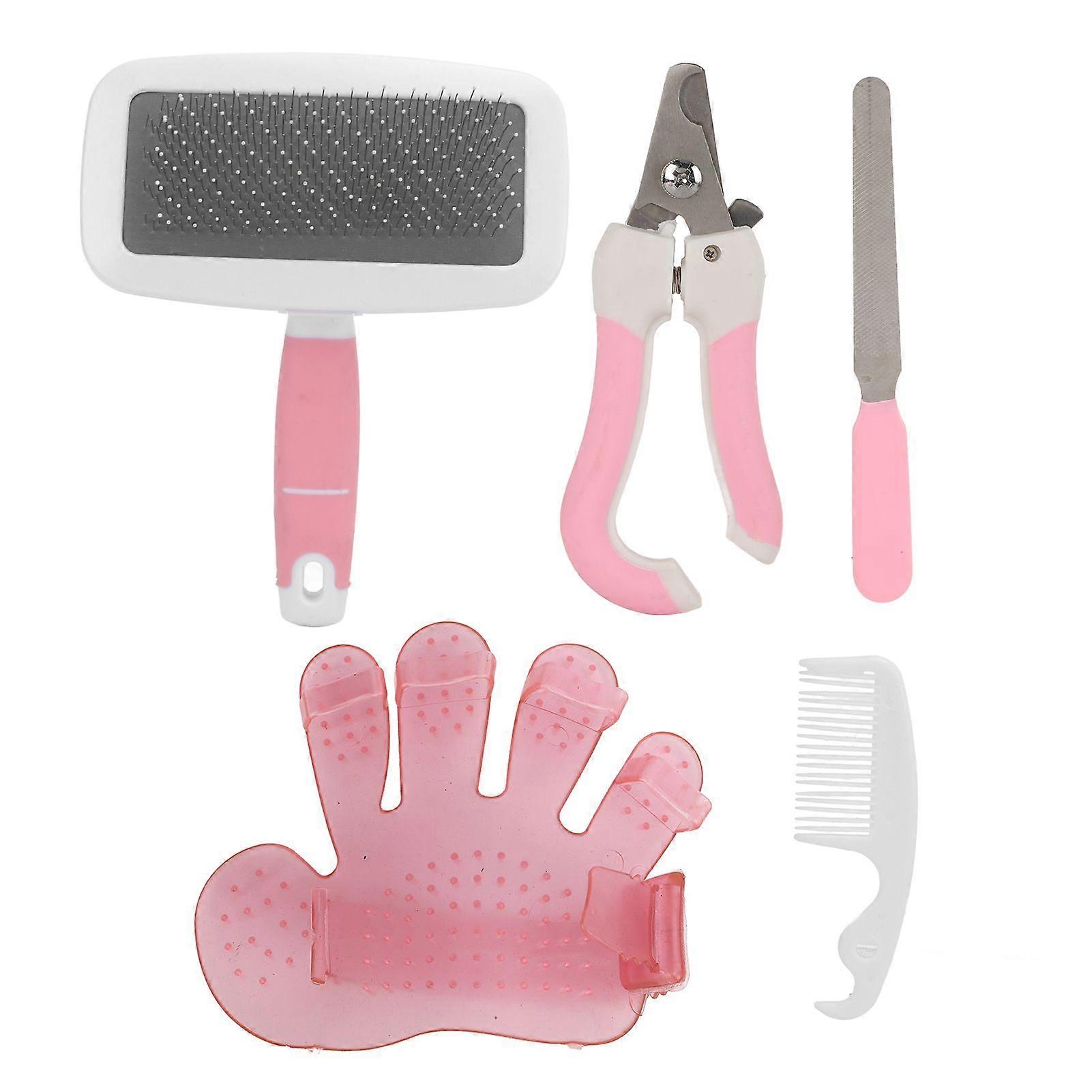 Rabbits Grooming Kit Bath Brush Comb Needle Comb Nail Clipper Nail File Set for Small AnimalL Pink