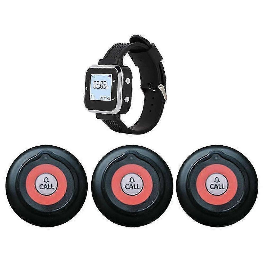 Wireless Calling System Service: 3 Call Button Transmitters & 1 Wrist Watch Pager for Restaurant Staff Communication