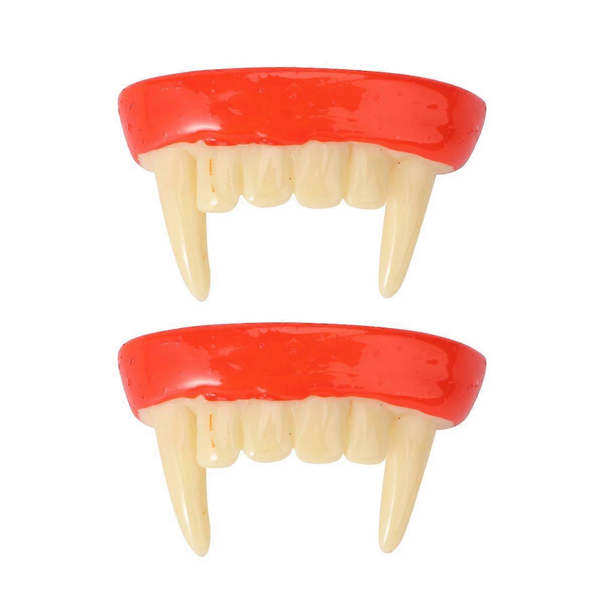 2Pcs Halloween Artificial Teeth Zombies Fangs Props Denture Model (Red Beige)