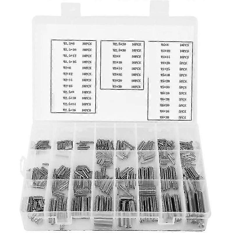 280st rostfritt stål otted stift sortiment kit, split dowel spänning rullstift med låda