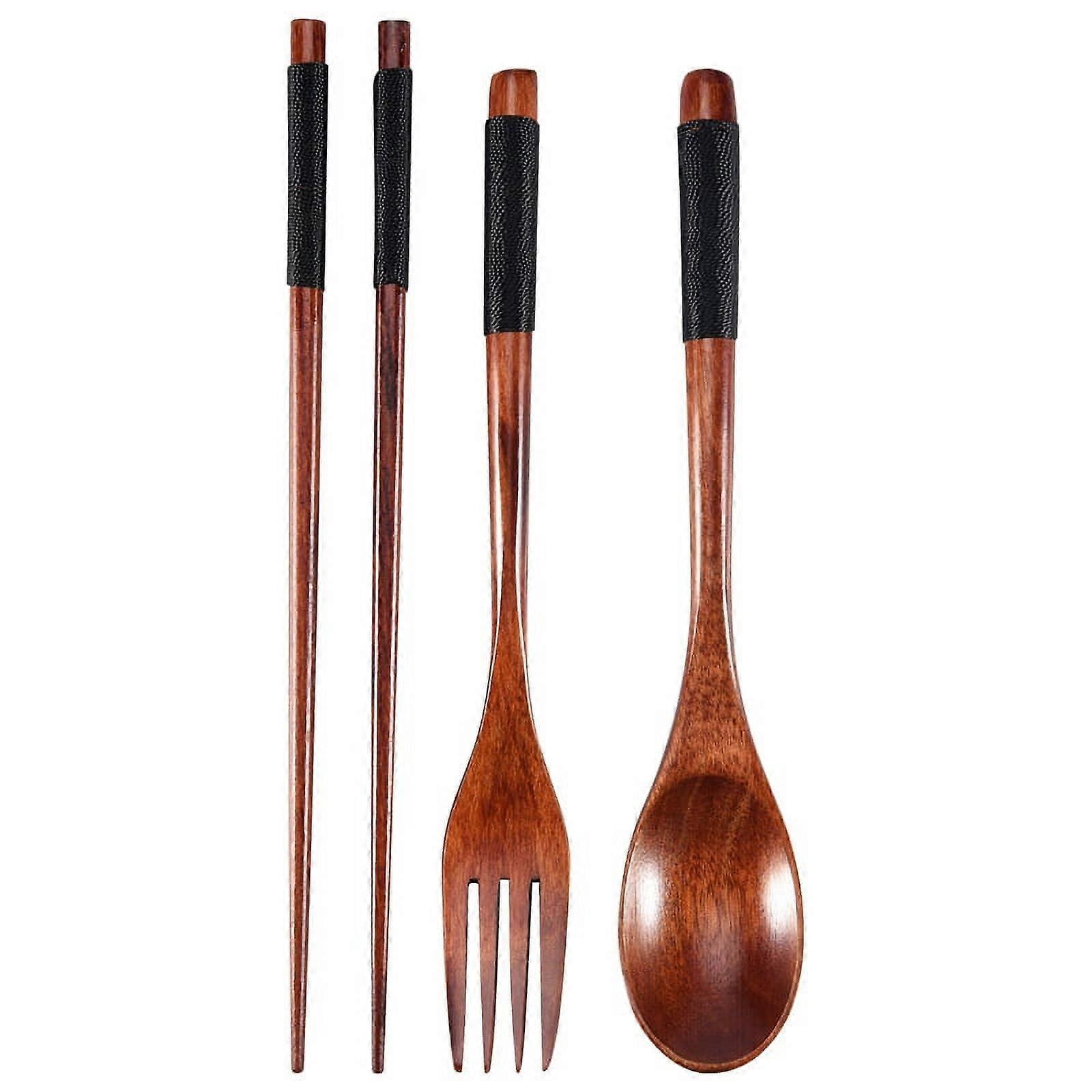 Wooden Flatware Set, Wooden Portable Set Chopsticks Spoon Fork Tableware Dinnerware with Black Twining Thread