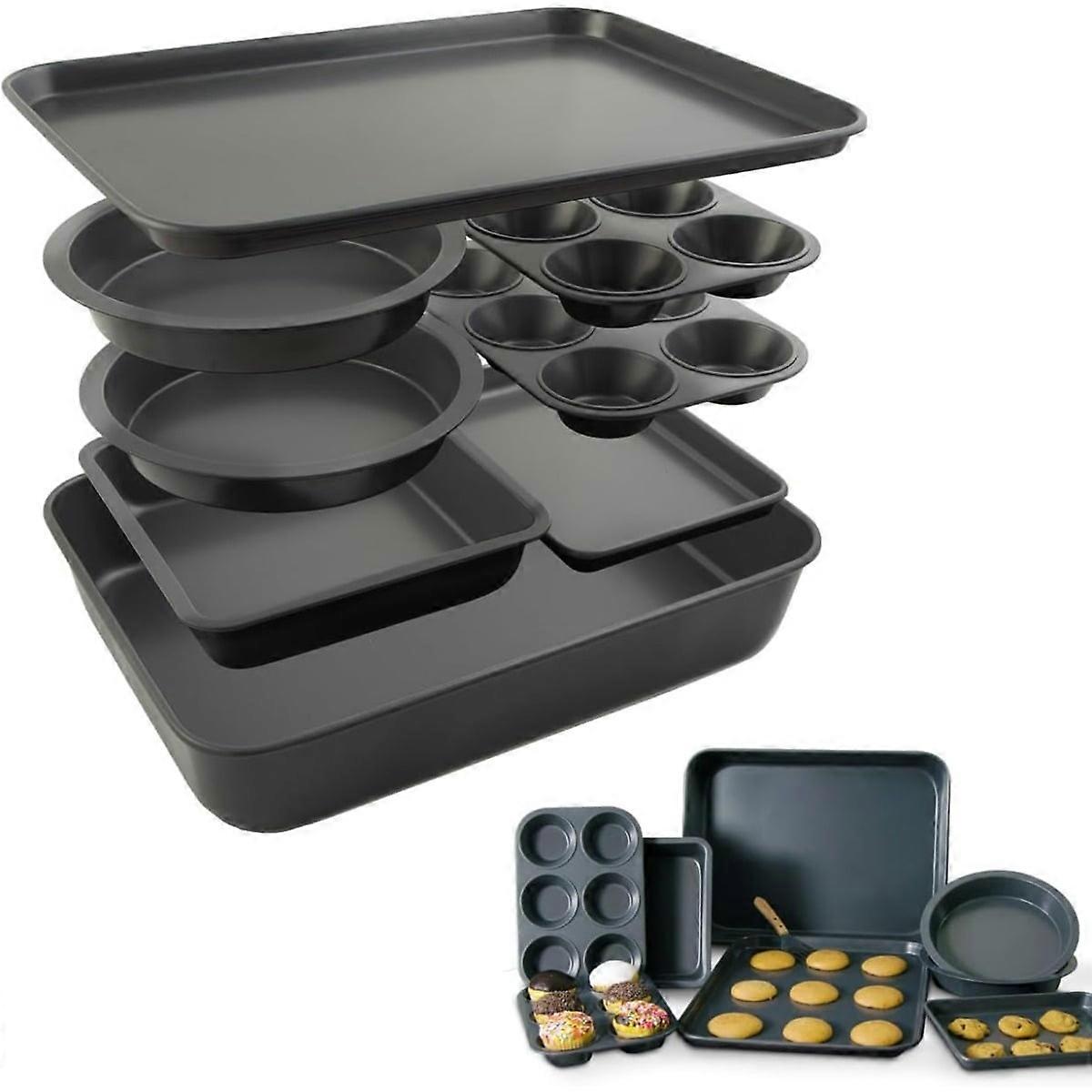 8-Piece Nonstick Aluminized Steel Baking Set, Space Saving with Deep Roasting Pan, Cookie Sheet, Cake & Muffin Pans, PFOA & PFOS Free