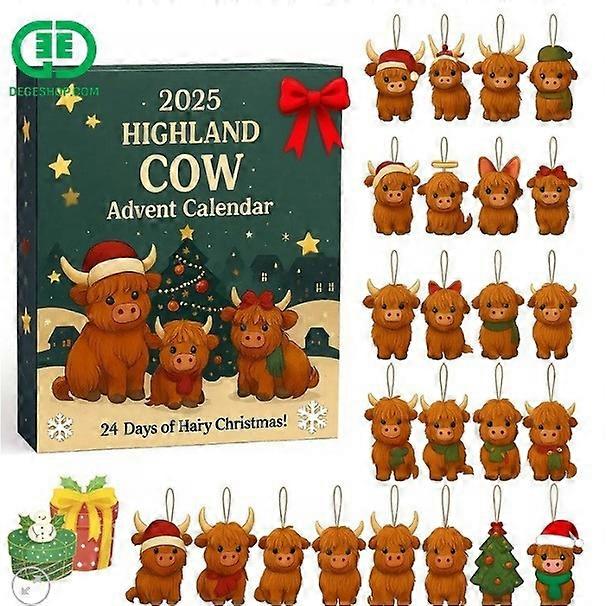 Highland Cow Advent Calendar 2025, 24 Unique 3D  Ornaments, 24-Day Surprise Christmas Advent Countdown, For Christmas Tree Home Decoration