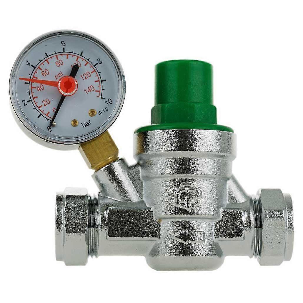 Pressure Reducing Valve & Gauge 15mm 22mm Compression 0-6 Bar Adjustable