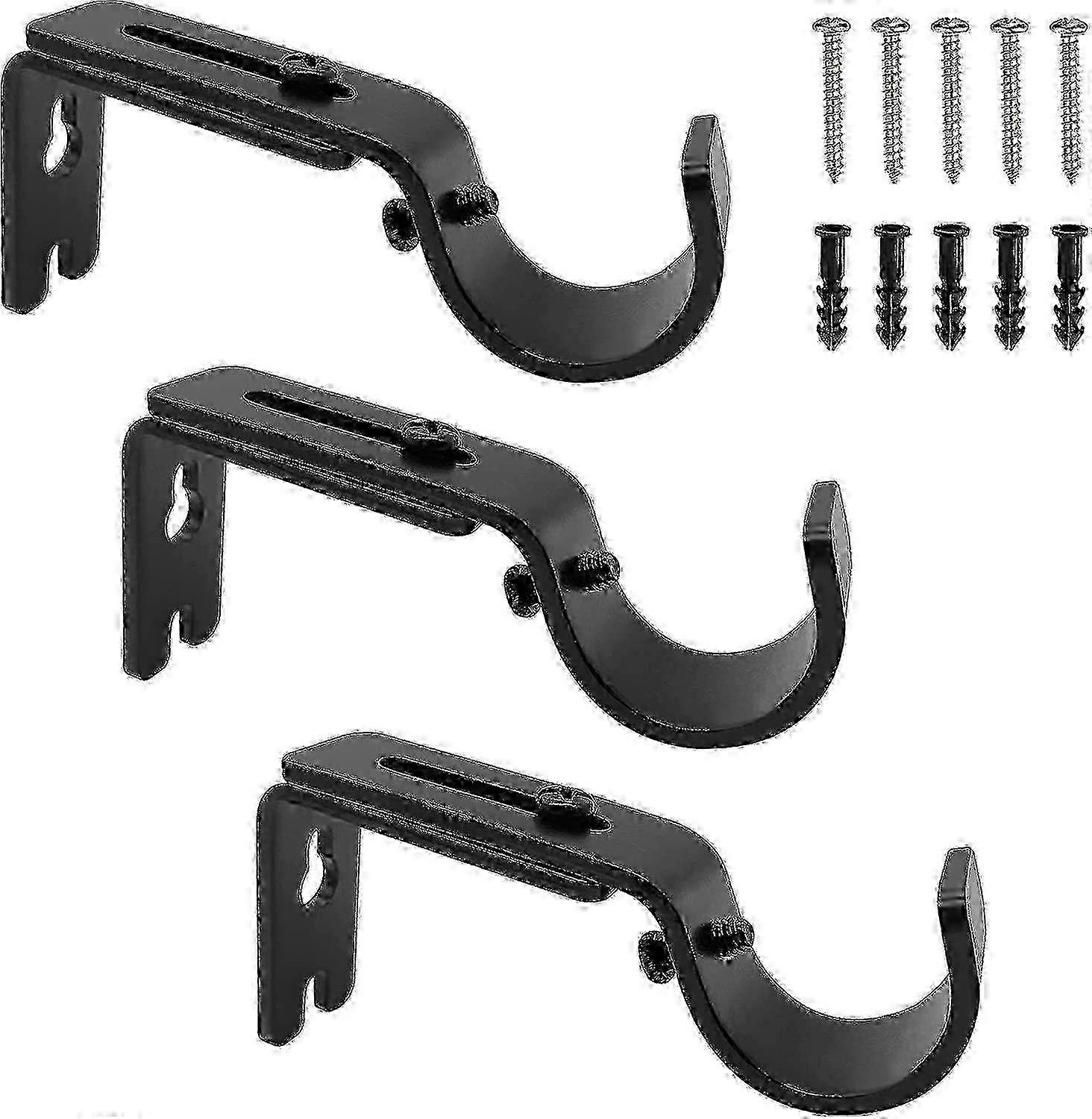 Black Wall Mount Brackets for Curtain Rods - 3pcs Adjustable Hardware