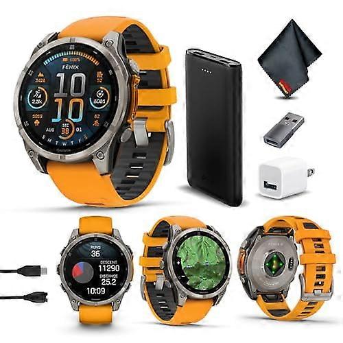 Compatible with Garmin Fenix 8 47MM AMOLED Sapphire Multisport GPS Smartwatch Titanium with Spark Orange/Graphite Silicone Band Bundle
