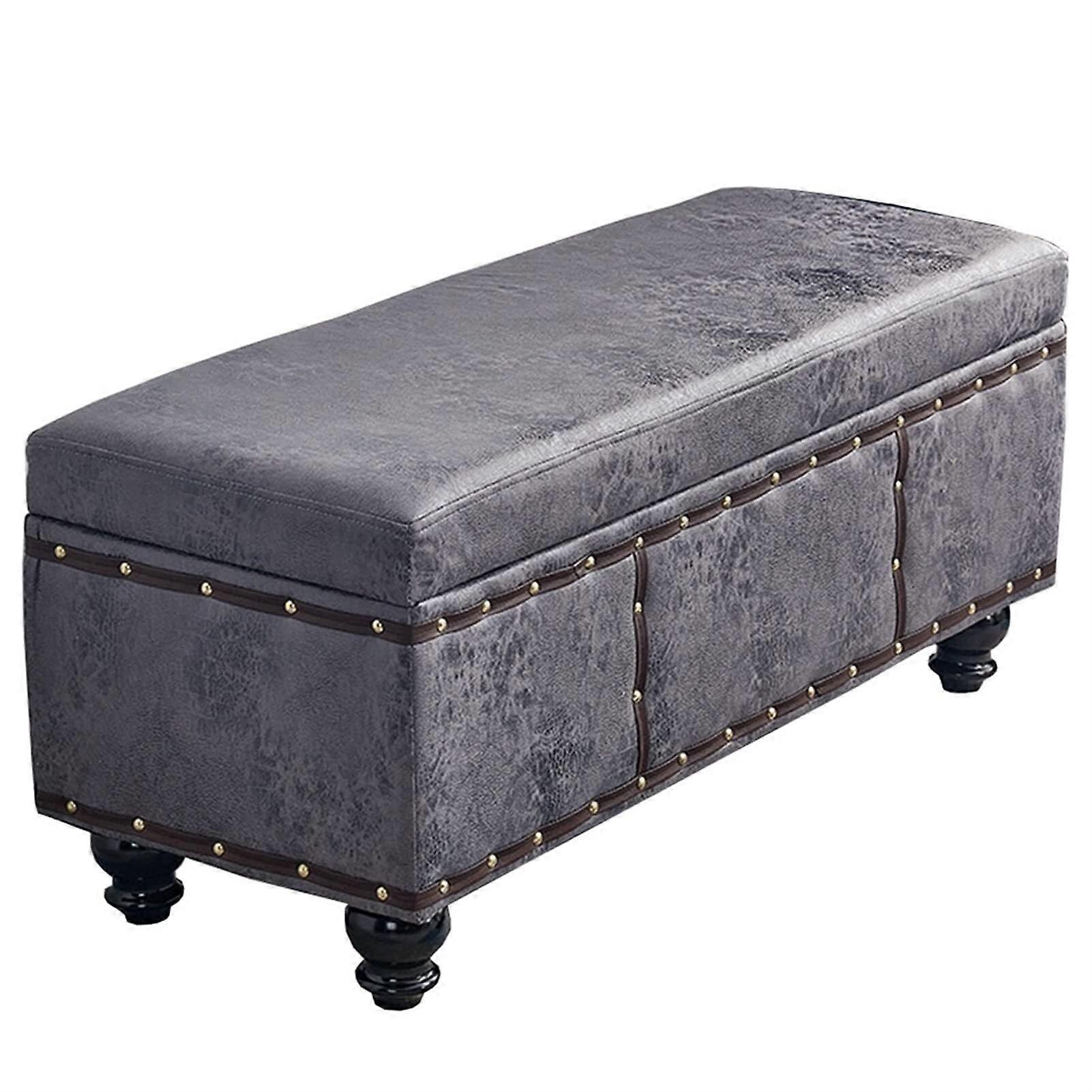 Rectangular Storage Ottoman Bench with Hidden Compartment PU Leather Footstool Solid Wood Legs Gray 80x40x45cm