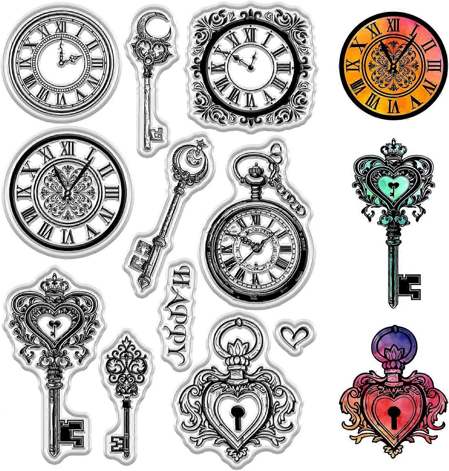 Vintage Lock Key Clear Stamps Retro Clock Decorative Rubber Seal Stamp Gift Reusable Transparent Silicone for DIY Scrapbooking Journaling Card Making 
