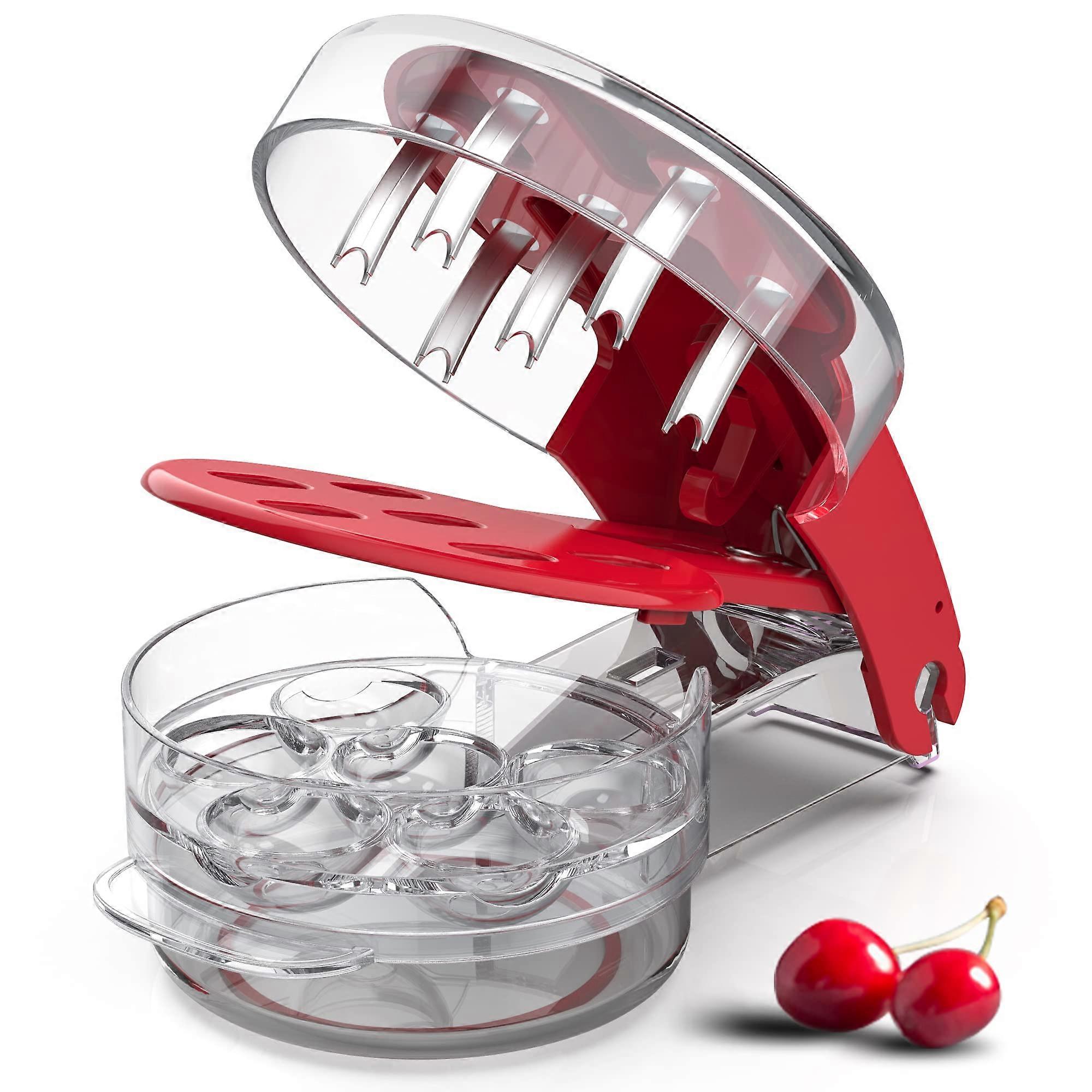 Stainless Steel Cherry Pitter with Lock, 6Hole Pit Remover Tool with AntiSplash Guard  Red