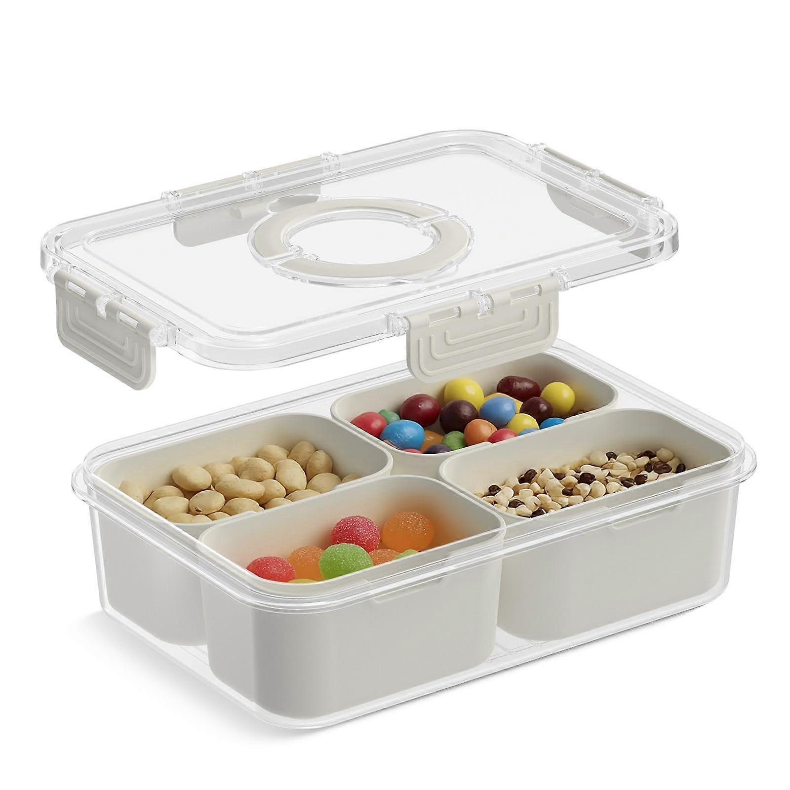 Snack Box Container with Lid and Handle, Airtight Seal, 4 Compartment Divided Serving Tray, Small White