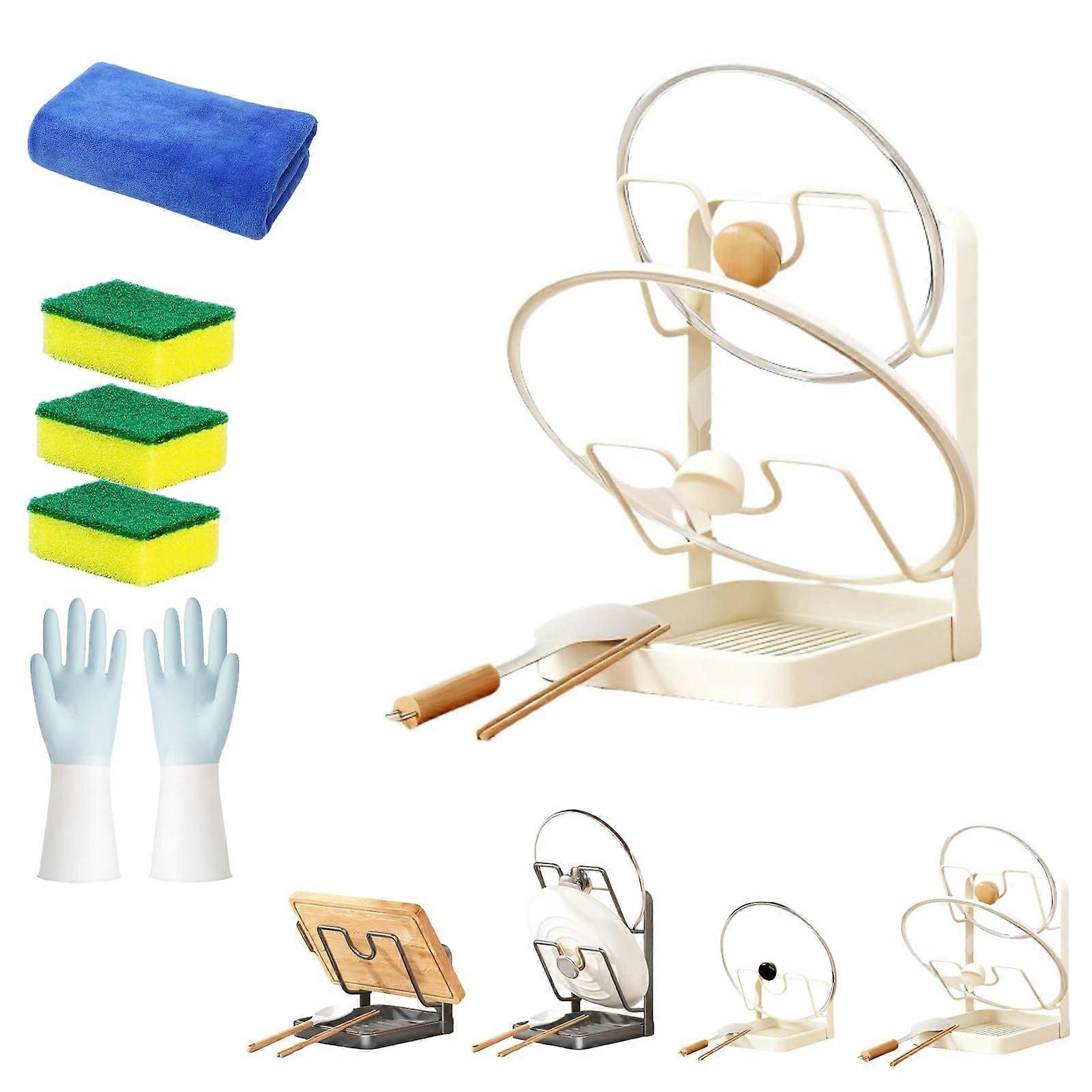 Double Layer U Shaped Pot Lid Organizer with Tray, Carbon Steel Holder and Spoon Rest for Countertop