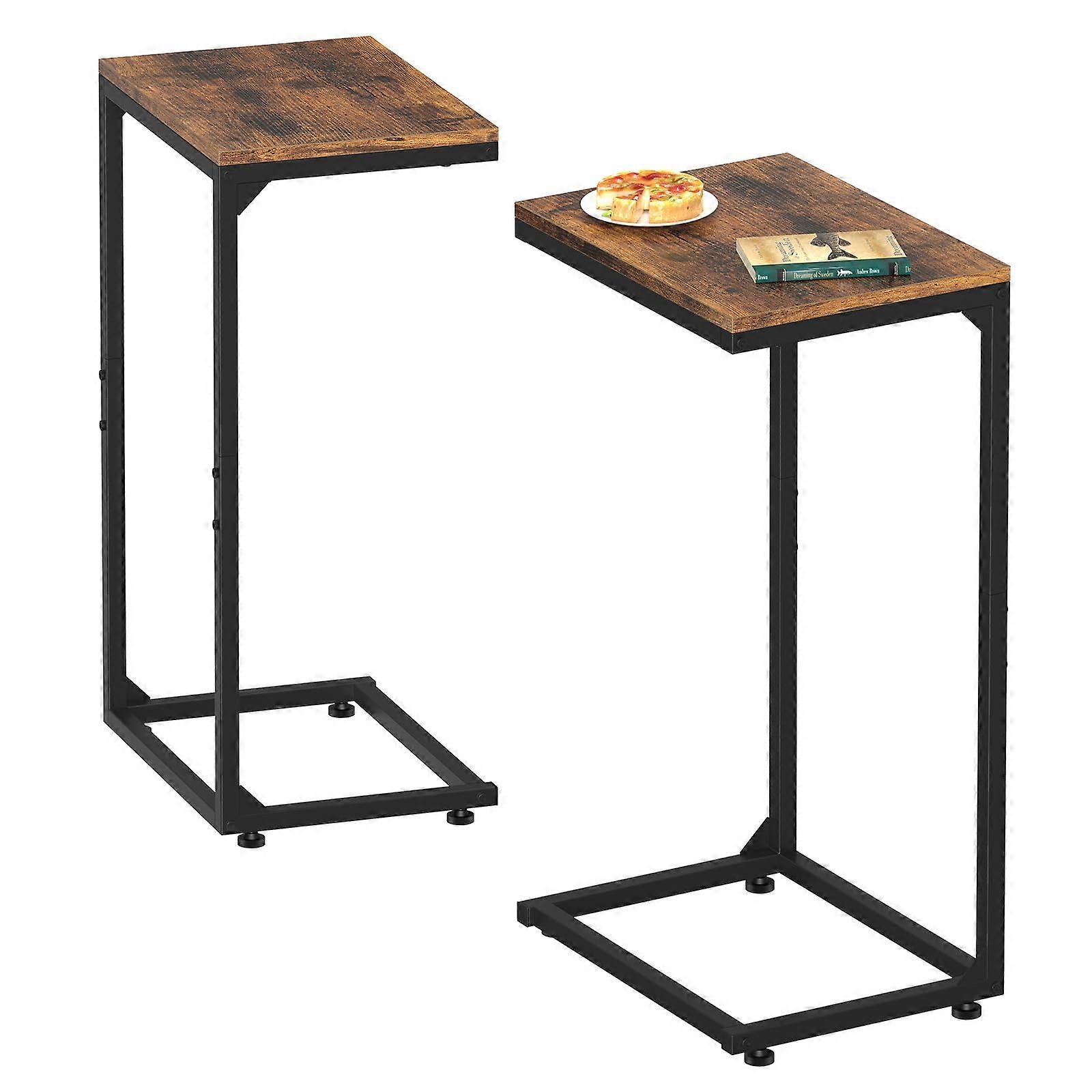C Shaped Side Table Set of 2 Rustic Brown with Metal Frame SpaceSaving Design for Living Room