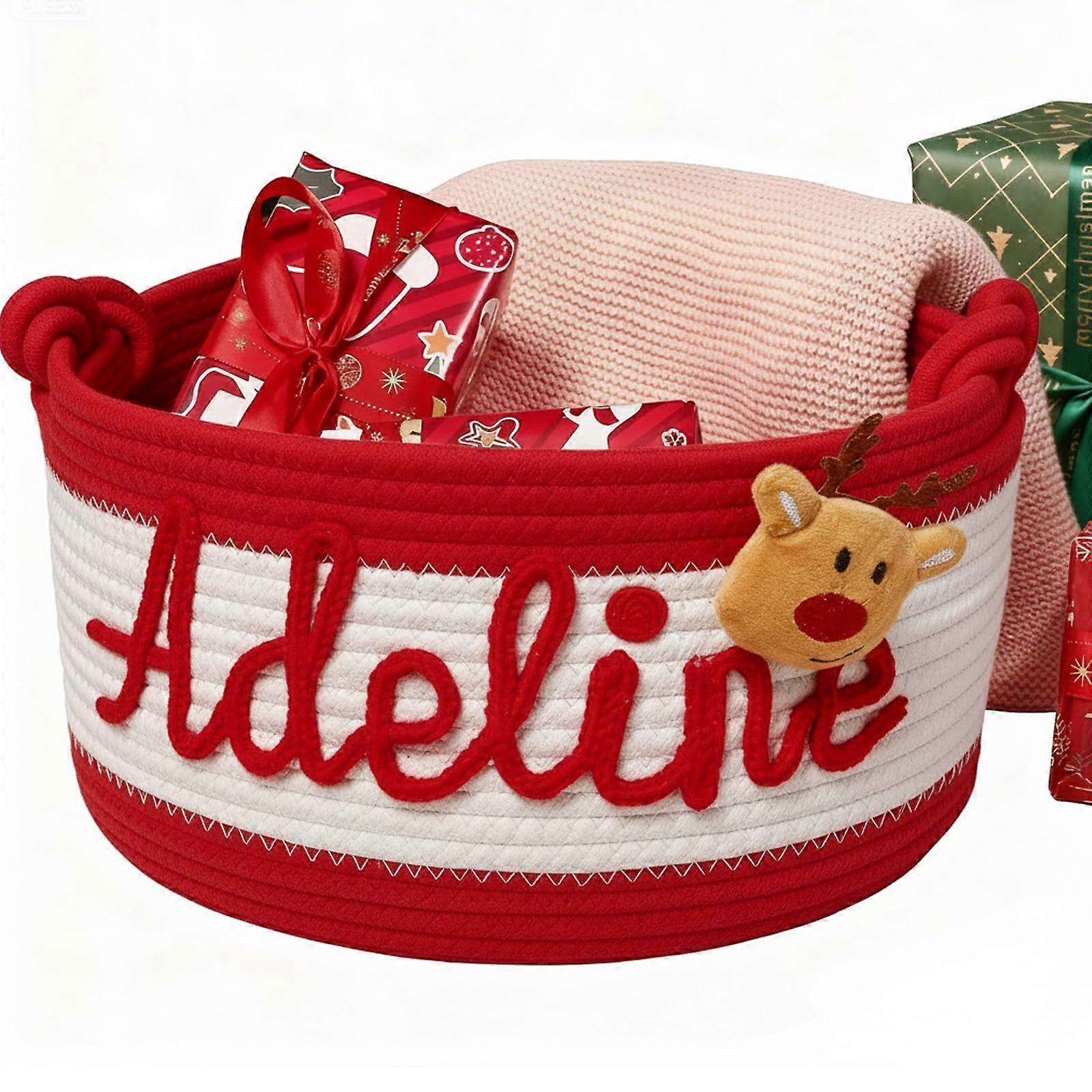 Cotton Rope Christmas Gift Basket with Custom Name, Festive Storage for Toys, Blankets, 3 Sizes