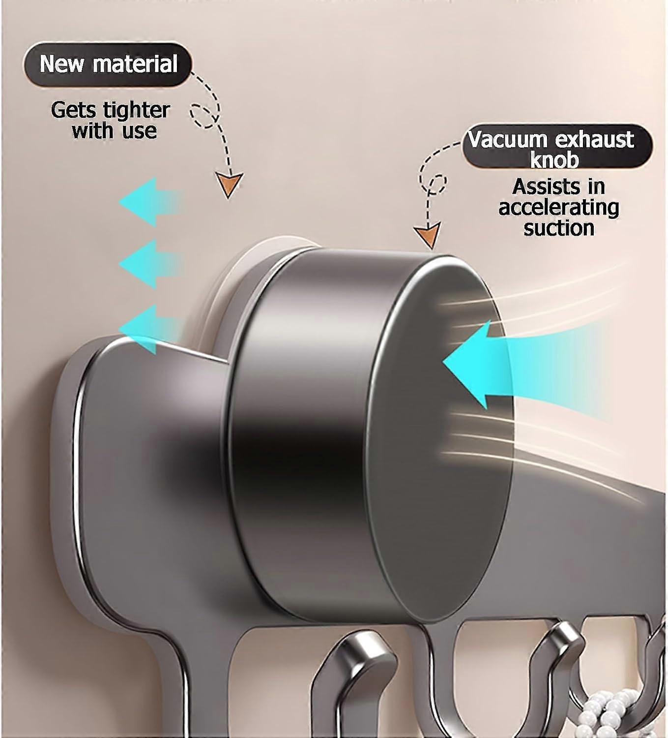 Suction Cup Coat Rack with Powerful Vacuum Adhesion, Drill 5 Hooks for Bathroom and Kitchen