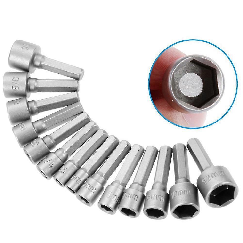 Hexagon Shank Six-Angle Socket Adapter for Screwdriver 14Pcs Set Silver