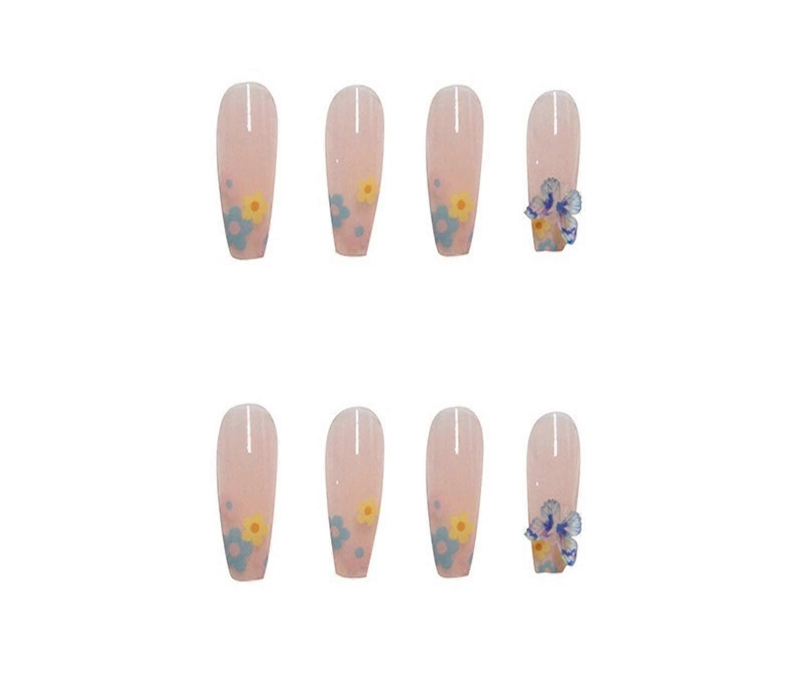 Sky Blue Floral Press On Nails 24pcs Long Length Glue On False Nail Tips Full Coverage Set