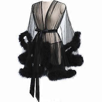 Elegant Women's Sheer Mesh Kimono Robe with Furry Trim Long Sleeve Chemise Dressing Gown Lingerie Sleepwear in Black