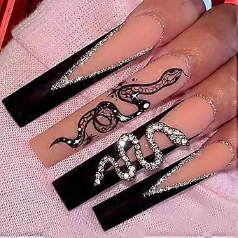 Press on Nails Long Square Head Fake Nails Black French False Nail Tips with Snake Charms Design Extra Long French Tip Acrylic Nails 24pcs