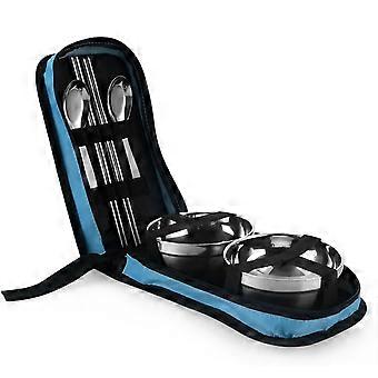 Stainless Steel Tableware Set for 2, Durable Lightweight Camping Dinnerware with Travel Bag, Blue