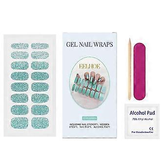 Shiny Blue-Green Soft Gel Nail Stickers, Easy Manicure, Trendy Semi-Baked Nail Art ,1set