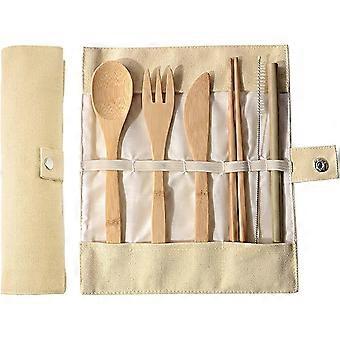 Portable Cutlery Set, Reusable Wooden Travel Cutlery, Camping Cutlery Set Wooden Cutlery Includes Fork, Knife, Spoon, Straws, Chopsticks, Cleaning Bru