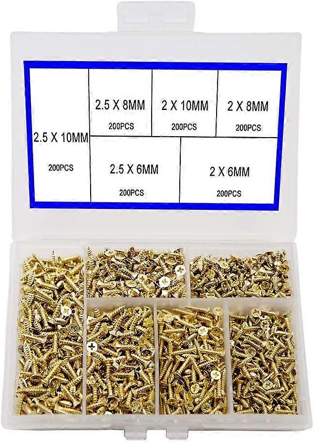 Small Flat Head Self-Tapping Screw Set, Gold, 1200PCS Assorted Sizes