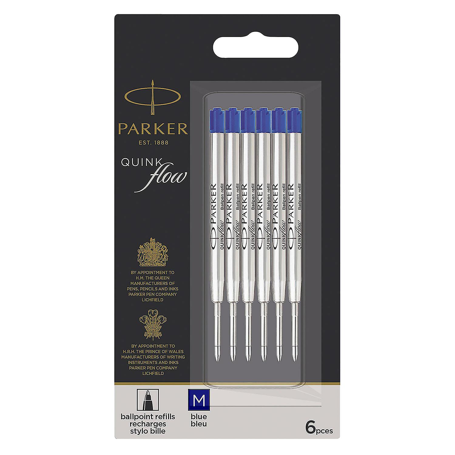 Parker QUINKflow Ballpoint Pen Ink Refills with Medium Tip, Blue, 6 Refills