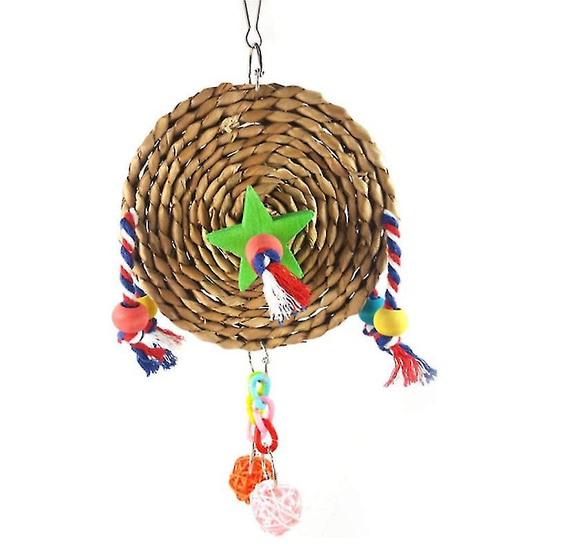 Pet Bird Natural Straw Weaving Hanging Bite Toy Colorful Climbing Biting With Beads (s)