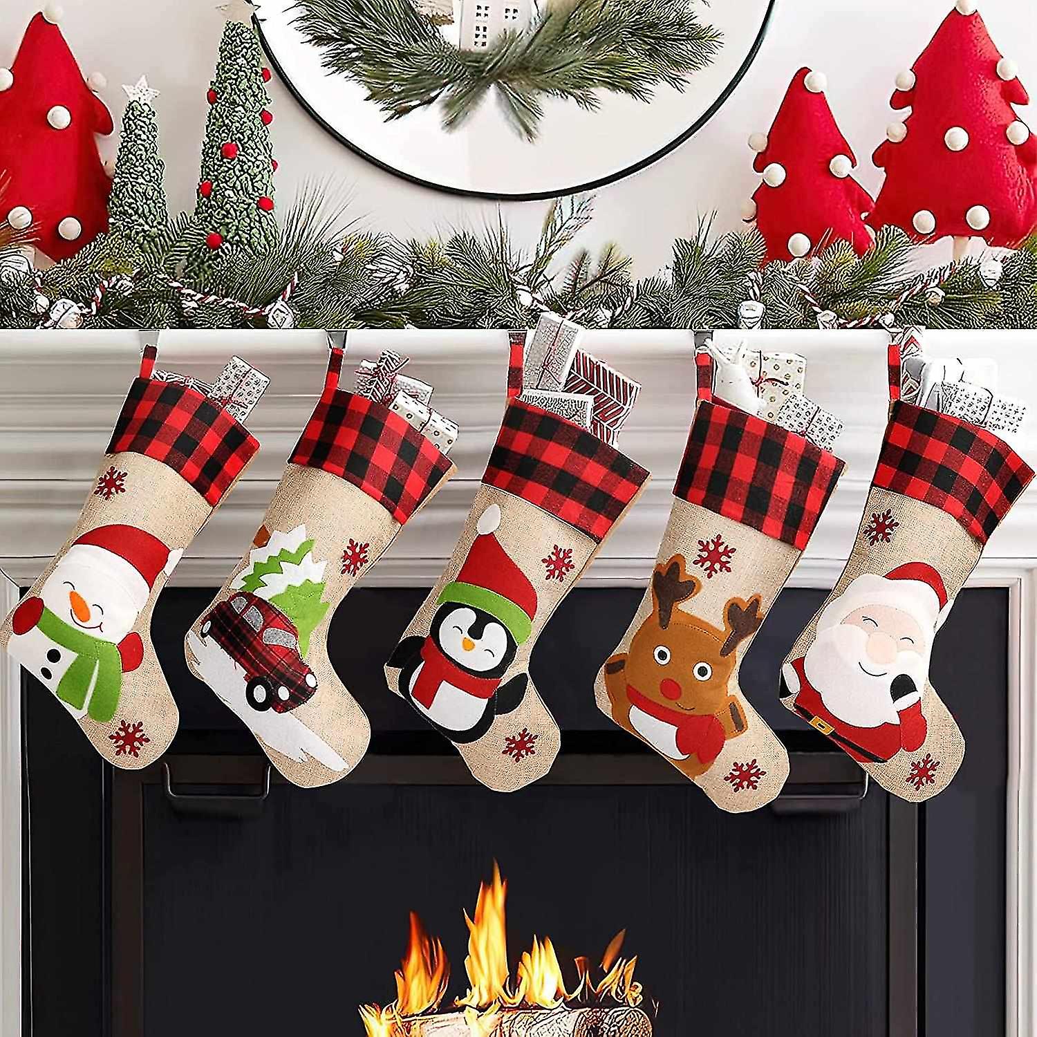 クリスマスストッキング5パック18 ''大きな黄麻布クリスマスストッキングサンタ雪だるまトナカイCh